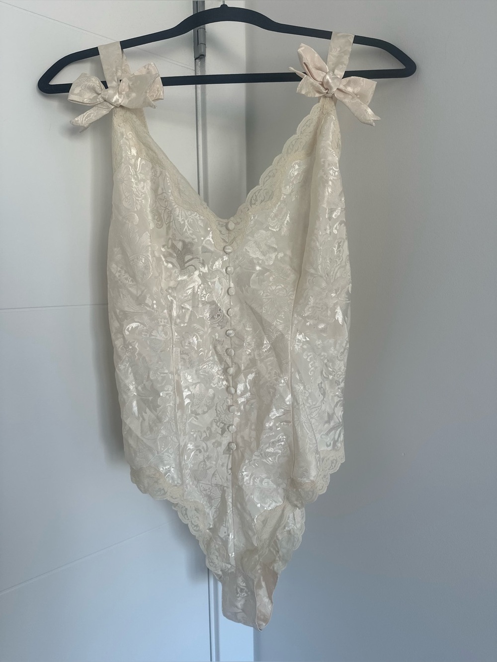 Victoria's Secret Gold Label Ivory Satin Floral Lace Bodysuit with Shoulder Bows
